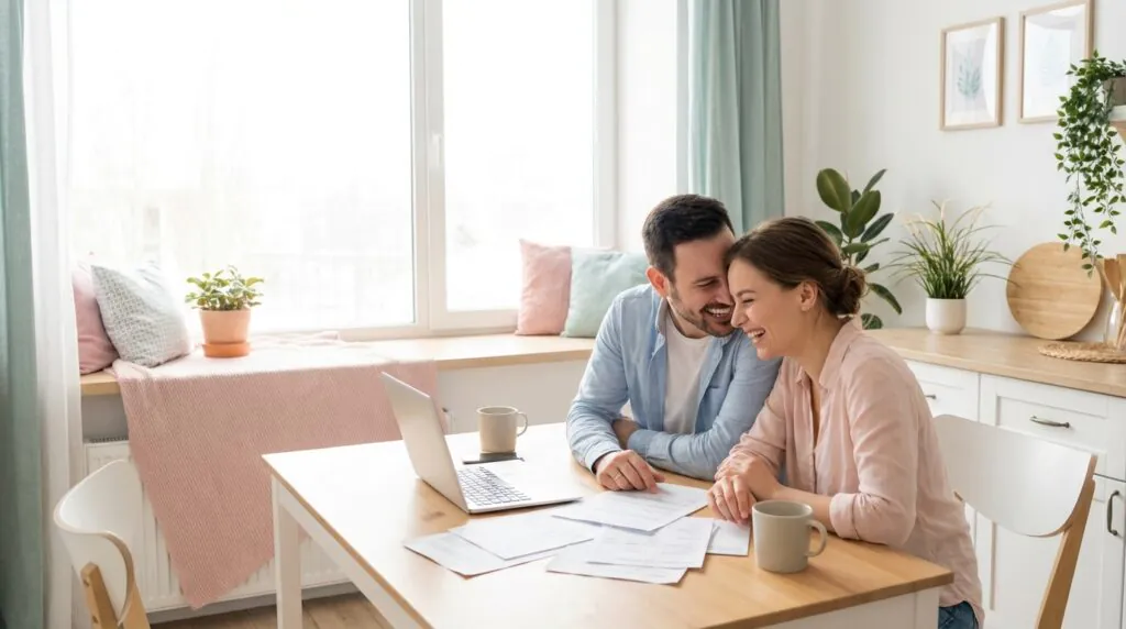 Filing taxes as newlyweds - couple reviewing tax documents