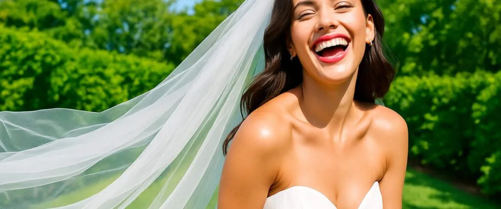 Bride in a sunlit garden wearing a romantic flowing tulle veil, capturing the luminous aesthetic of bridal veil trends 2026