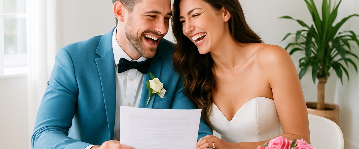 Happy newlywed couple laughing together while looking over paperwork for their hyphenated last name after marriage