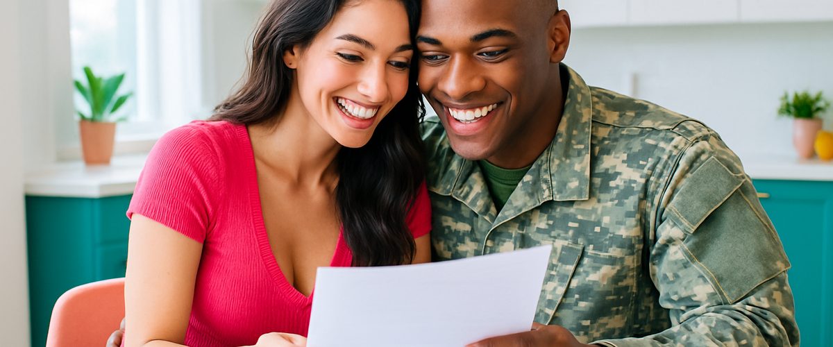 Military spouse reviewing name change documents at a kitchen table in soft natural light
