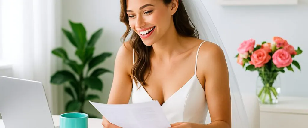 Happy newlywed reviewing HR paperwork at a bright modern desk, illustrating the name change with employer after marriage process