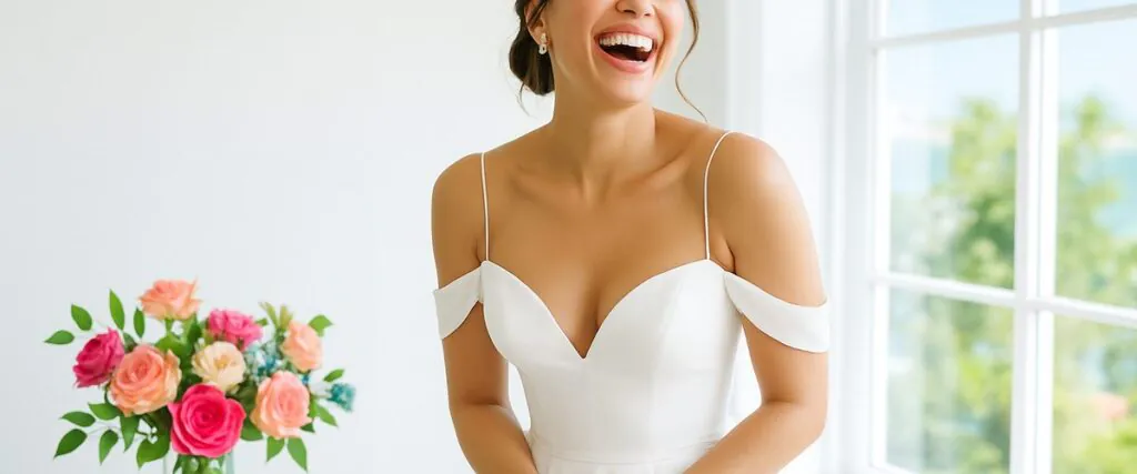 Couple reviewing bridal magazine photos together at a bright kitchen table, illustrating the top wedding dress trends 2026 brides are choosing