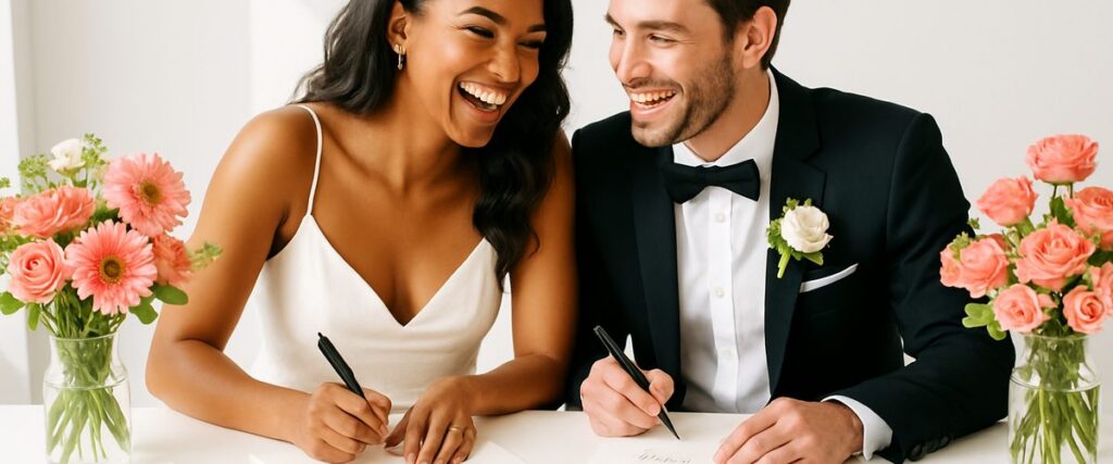 Newlywed couple handwriting wedding thank you notes together at a kitchen table in soft natural light