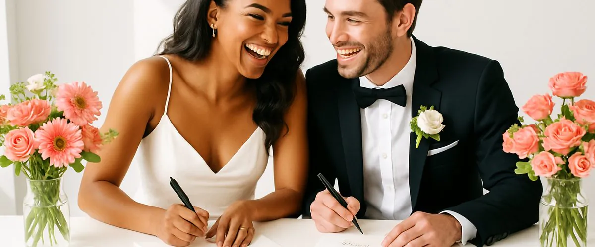 Newlywed couple handwriting wedding thank you notes together at a kitchen table in soft natural light