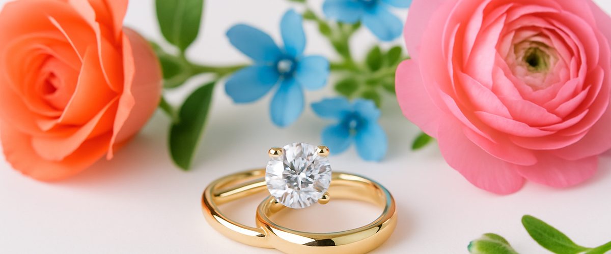 A diamond engagement ring and gold wedding band resting side by side on a white surface, representing the Zendaya name change question after her 2026 marriage to Tom Holland