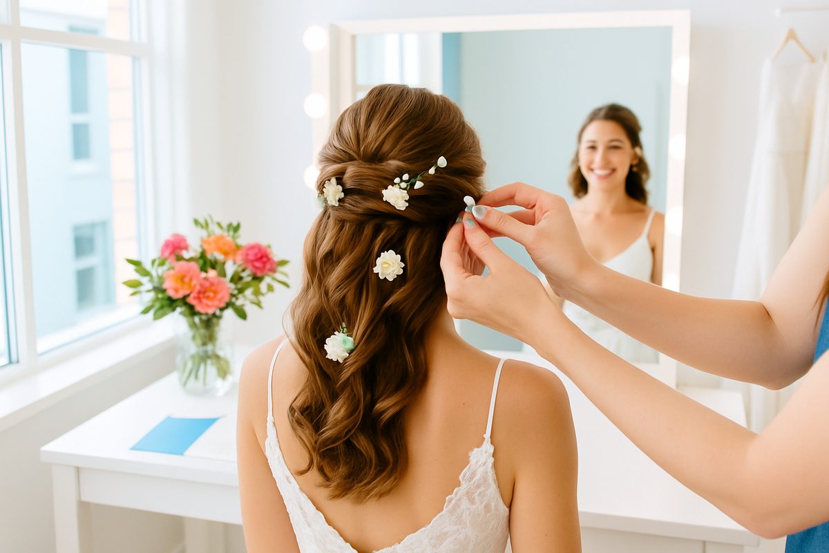 Bride in a salon chair getting a romantic half-up updo with crystal pins styled, capturing the top bridal hair trends 2026 and modern wedding hairstyles 2026