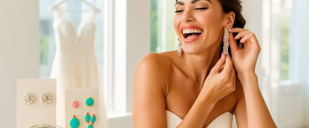 Bride holding statement chandelier earrings in bright sunlight, showcasing bridal jewelry trends 2026