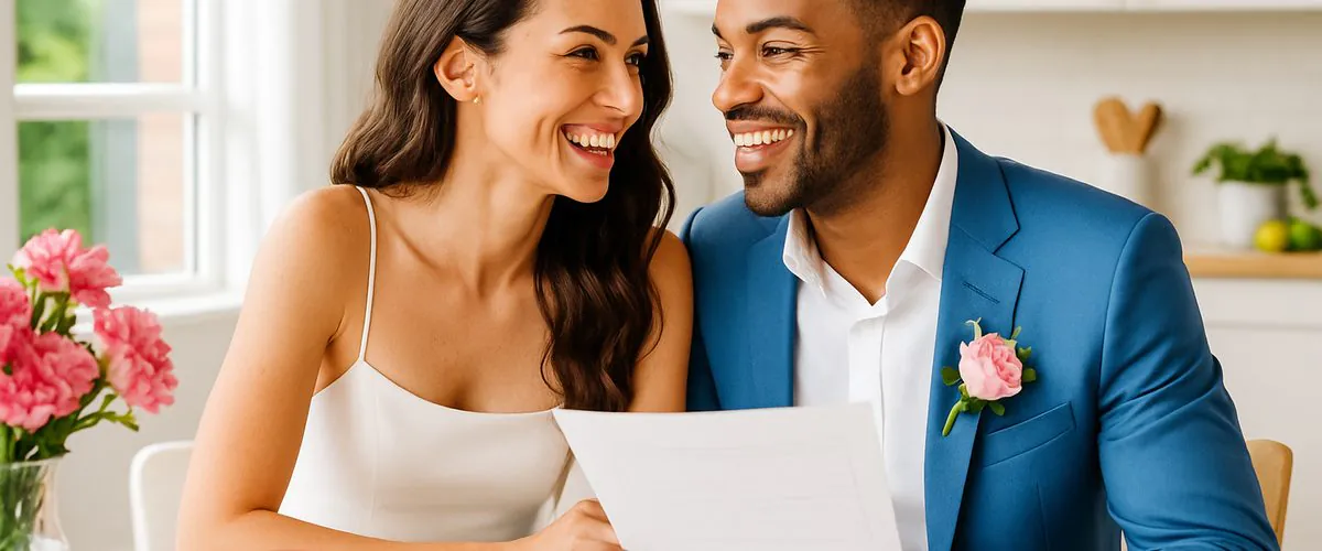 Newlywed couple reviewing certified marriage certificate documents for a name change at a bright kitchen table