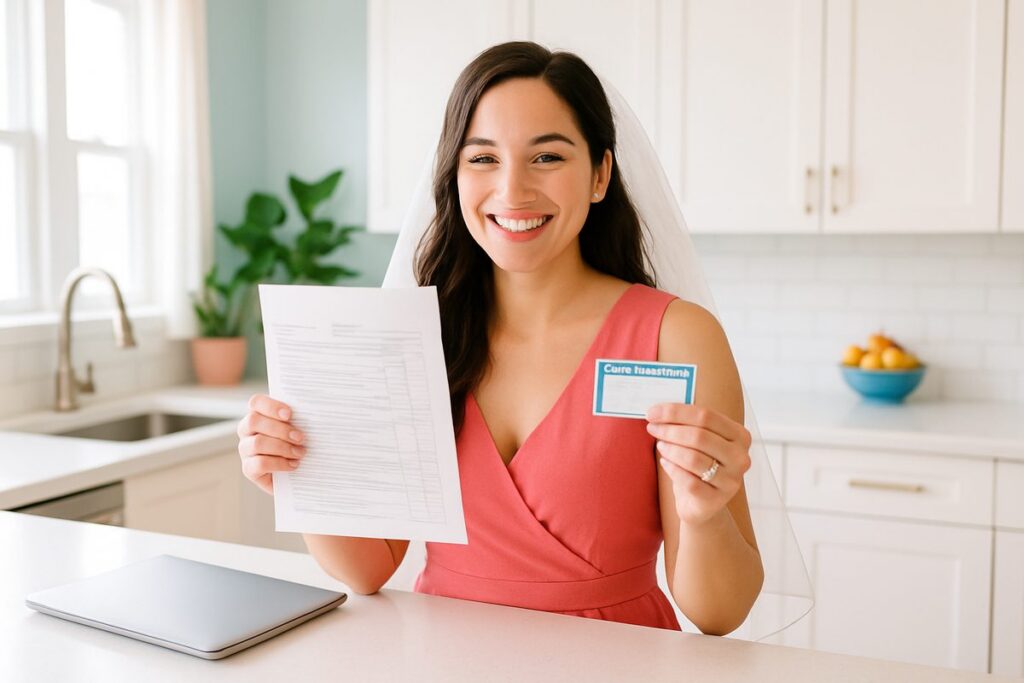 Newlywed woman holding a tax return and Social Security card with wedding ring clearly visible, representing the key documents for filing taxes after a name change and confirming SSA name update status before filing