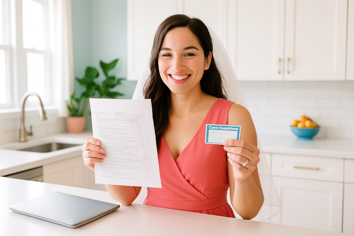 Newlywed woman holding a tax return and Social Security card with wedding ring clearly visible, representing the key documents for filing taxes after a name change and confirming SSA name update status before filing