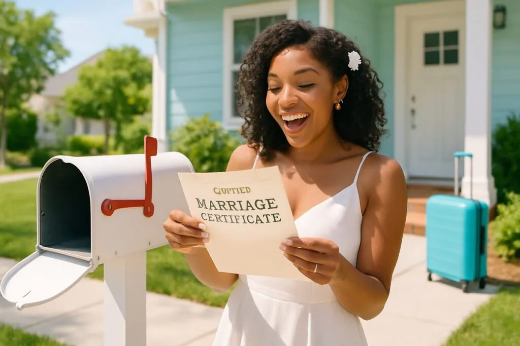 Newlywed woman opening a certified marriage certificate envelope at her mailbox, beginning the destination wedding name change process after marrying in another state