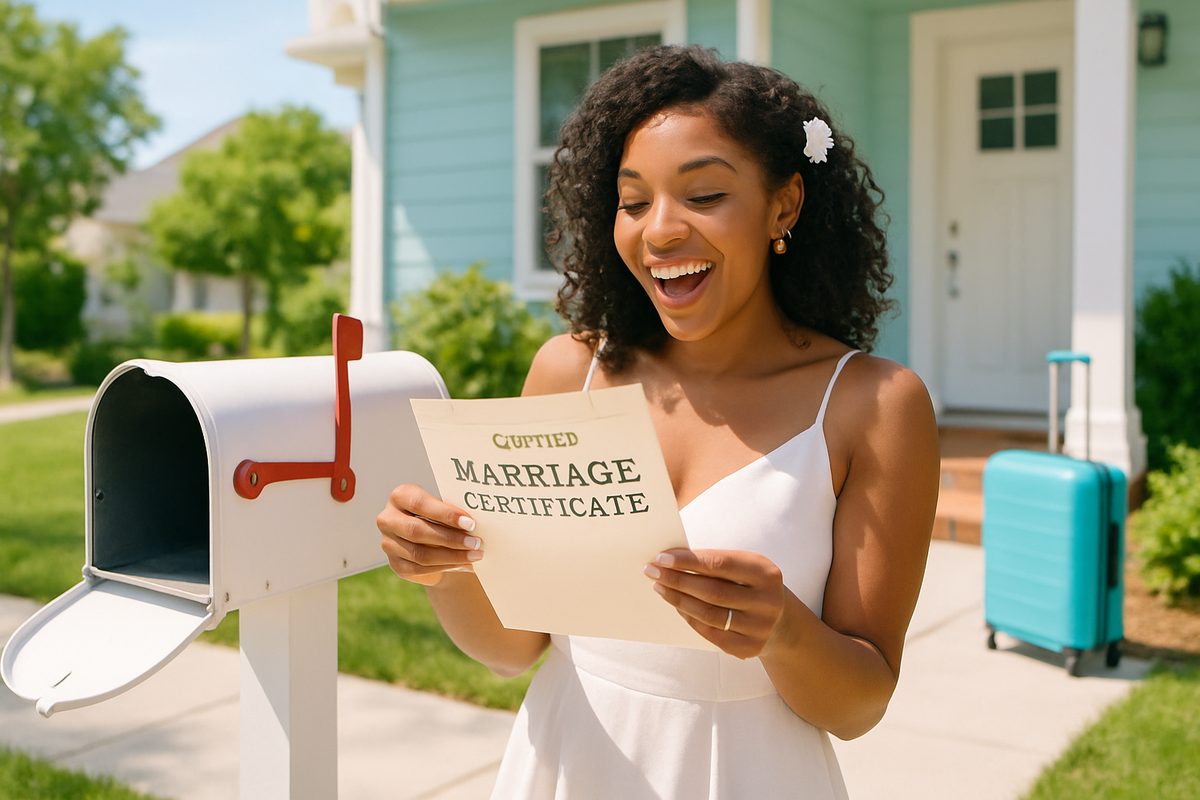 Newlywed woman opening a certified marriage certificate envelope at her mailbox, beginning the destination wedding name change process after marrying in another state