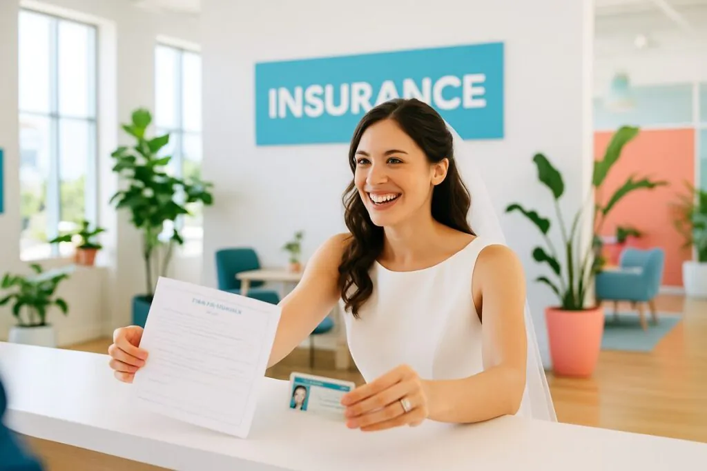 Newlywed woman at a bright modern insurance agency counter handing her marriage certificate and updated ID to an agent, illustrating how to change your name on insurance policies after marriage, wedding ring visible on her left hand