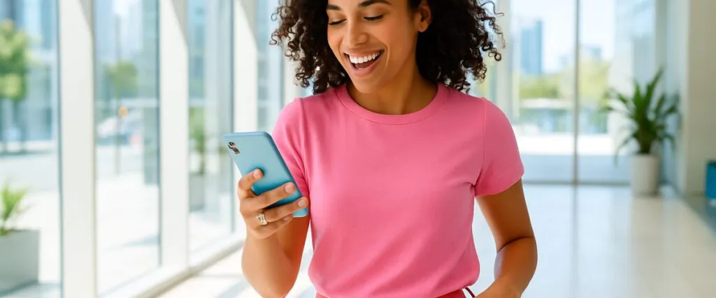 Smiling newlywed woman walking through a bright office lobby holding her phone, wedding ring visible, illustrating how to change your name on LinkedIn after marriage