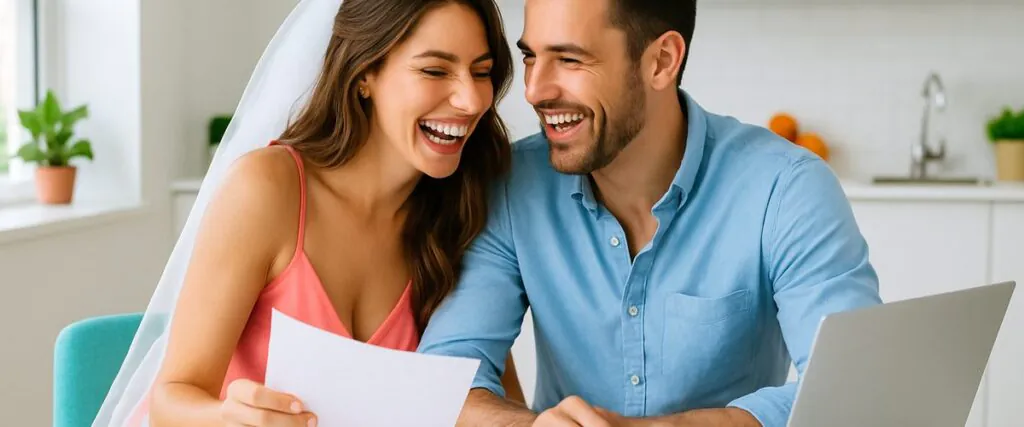 Smiling newlywed couple reviewing home bills and paperwork together at a kitchen table, illustrating how to change your name on utility bills after marriage