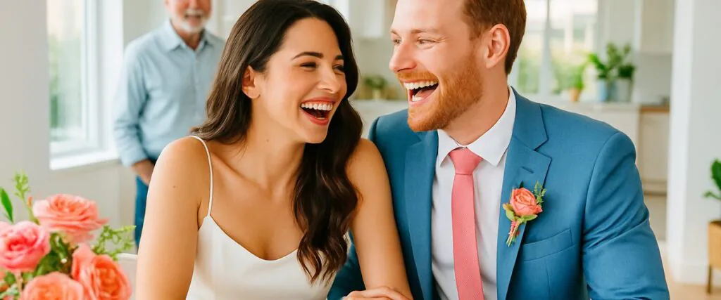 Smiling newlywed couple laughing together at a bright family gathering, illustrating how to deal with in-laws as a newlywed