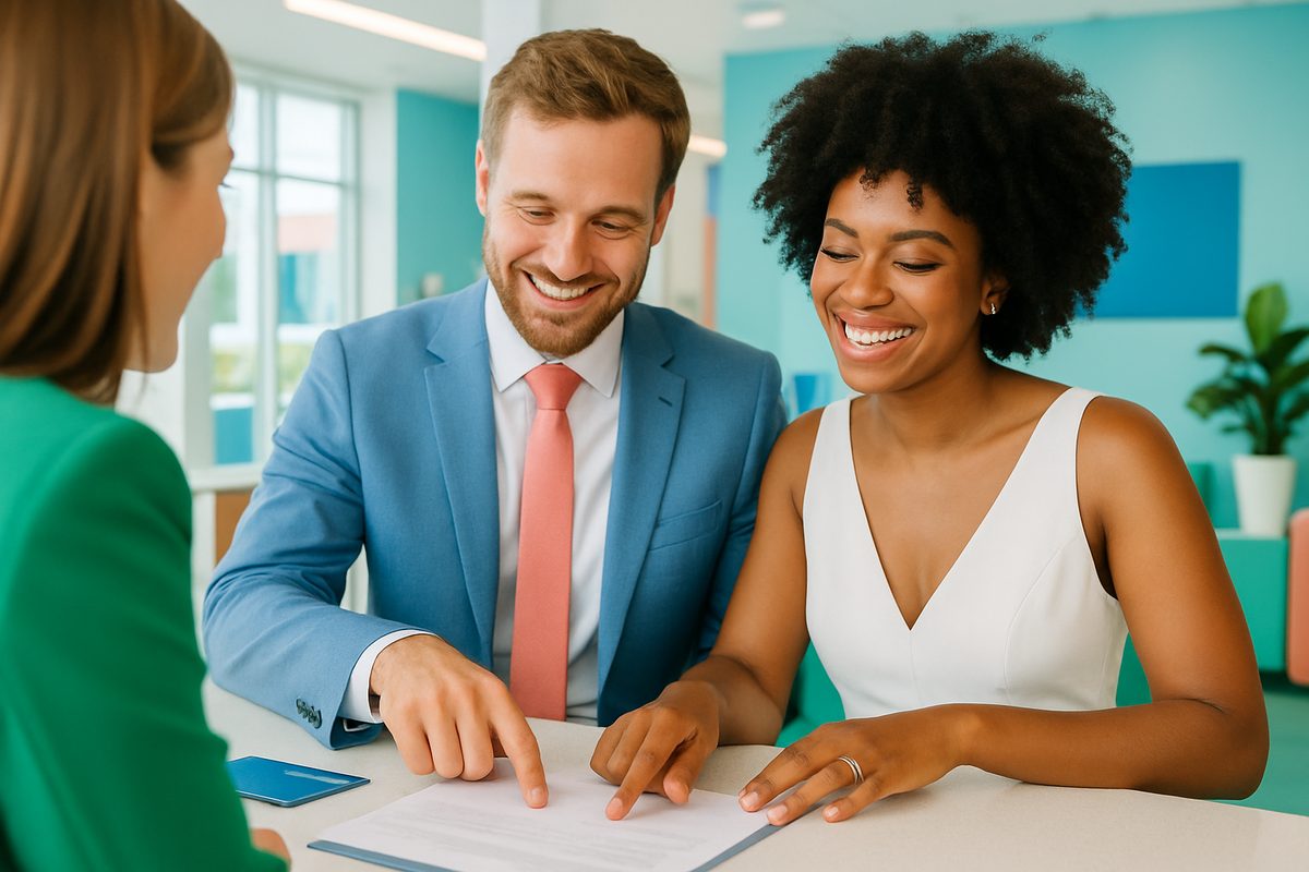 Newlywed couple at a bank counter reviewing joint account paperwork together and smiling, combining finances after marriage, wedding rings visible