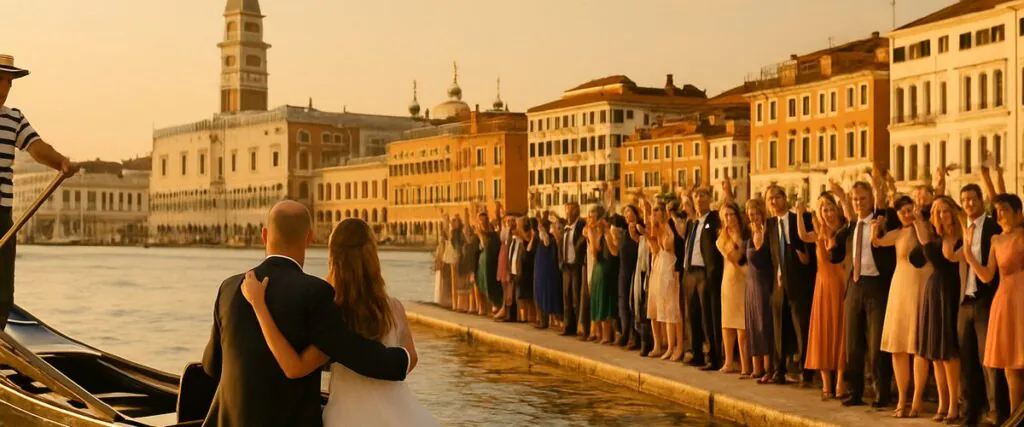 A middle-aged couple in wedding attire sit together in a traditional gondola rowed by a gondolier along the Grand Canal at golden hour, the man with his arm around the woman, as formally dressed guests wave from the Riva degli Schiavoni in Venice, Italy.