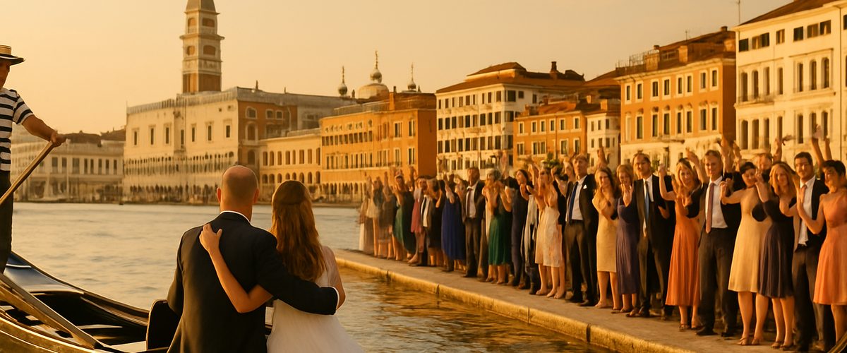 A middle-aged couple in wedding attire sit together in a traditional gondola rowed by a gondolier along the Grand Canal at golden hour, the man with his arm around the woman, as formally dressed guests wave from the Riva degli Schiavoni in Venice, Italy.