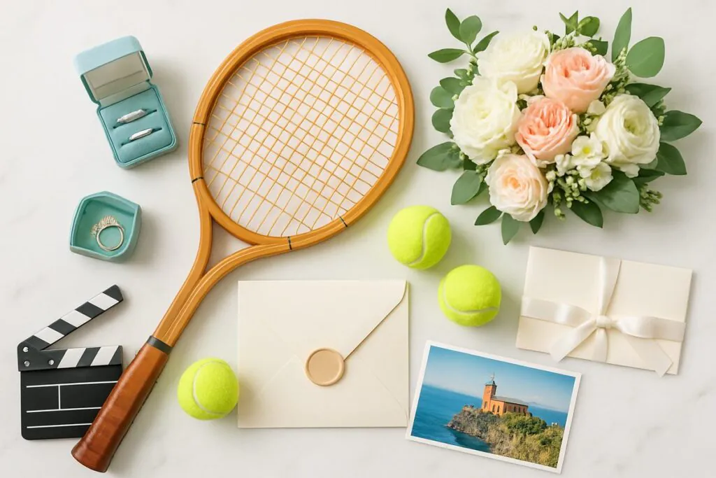 Overhead flat-lay montage representing the Venus Williams name change story: a tennis racket and balls, an open ring box with diamond wedding rings, a white bridal bouquet, a marriage certificate with satin ribbon, a small film clapperboard, and a vintage postcard of the Punta Imperatore Lighthouse in Ischia, Italy, symbolizing Venus Williams's married name decision after her 2025 wedding to Andrea Preti