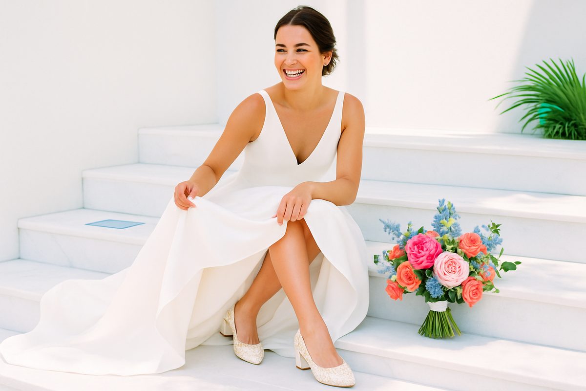 Bride on marble steps lifting her gown hem to reveal pearl-embellished satin heels, showcasing a top wedding shoe trend for 2026 and the comfortable bridal shoe trends brides are choosing this season