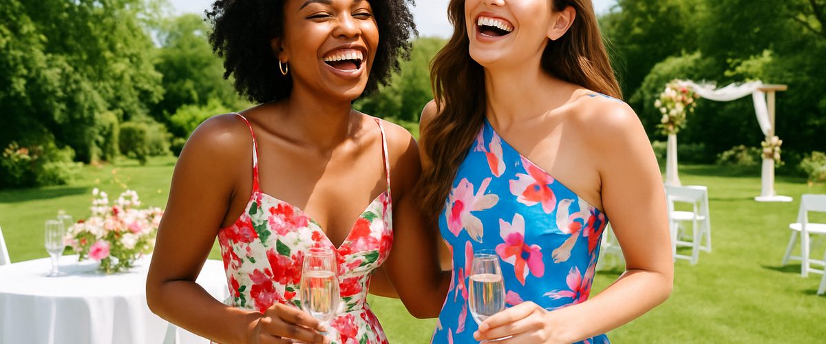Two stylish wedding guests in vibrant floral and colorful summer dresses laughing together at a bright outdoor garden reception, showcasing summer wedding attire for guests